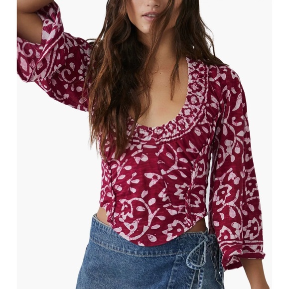 Free People Tops - Free People On The Block Bell Sleeve Top in Red/ Pink Combo
